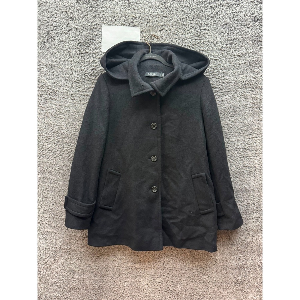 Lauren Ralph Lauren Black Label Wool Blend Hooded Walker Coat Black Women Size S